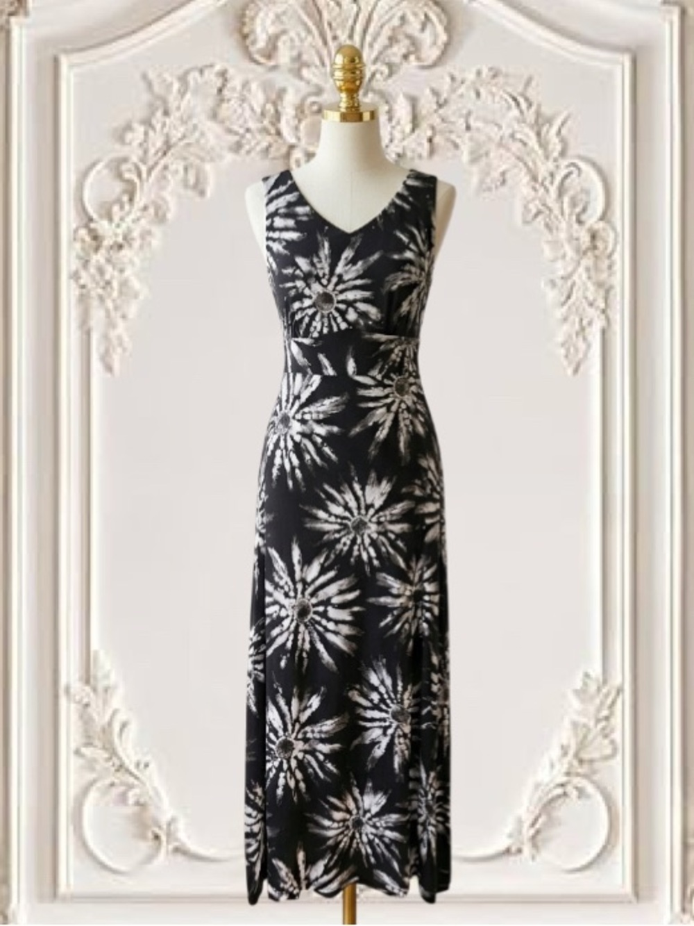 Catherines Palm Print Maxi Dress Black White Tropical Womens Plus Size 0X 14/16